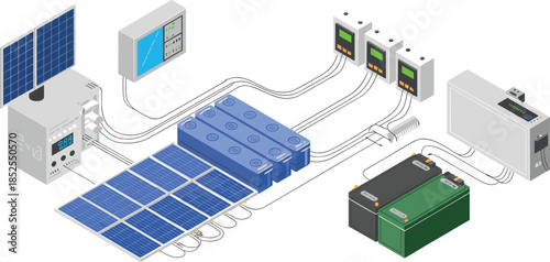 Isometric solar energy system with batteries, inverters, charge controllers and power management equipment isolated illustration