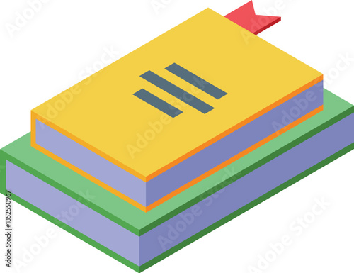 Two colorful books with bookmark ribbon isometric icon represents reading, learning, and knowledge
