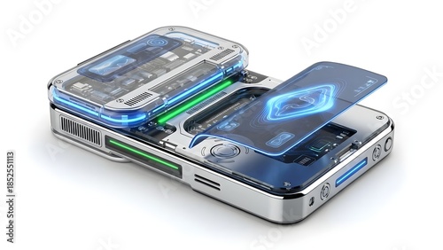 Futuristic smartphone with holographic display and transparent casing technology