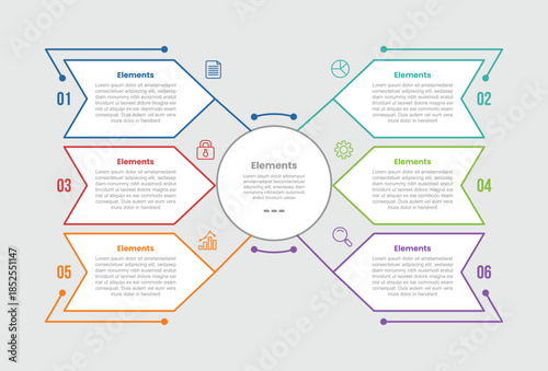 6 elements infographic comparison diagram with big circle center with arrow container box line connection with dot line style 6 step for slide presentation