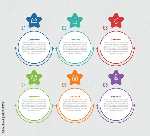 6 elements infographic comparison diagram with big circle with star header on top with dot line style 6 step for slide presentation