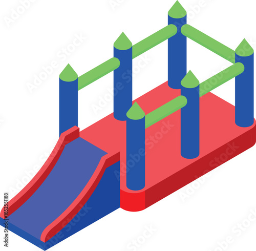 Inflatable bouncy castle featuring a slide, providing amusement and entertainment for children