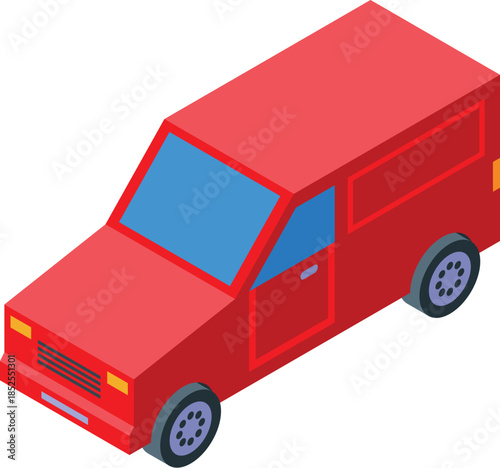 Red delivery van in isometric projection, ideal for projects related to shipping, logistics, transportation, and delivery services