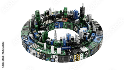 Cityscape made of computer circuit boards and microchips isolated on a transparent background