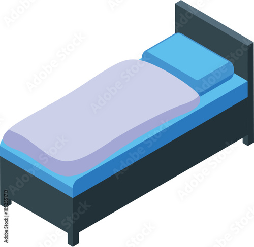 Isometric single bed with blue sheets and pillow, ideal for representing concepts of rest, sleep, and bedroom furniture