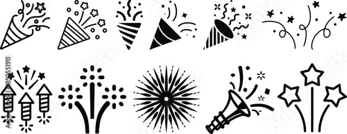 Collection of colorful cartoon fireworks and rockets exploding in the night sky.Festive red fireworks icons set for celebrations and events.colorful fireworks in red and blue isolated on transparent 