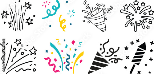 Collection of colorful cartoon fireworks and rockets exploding in the night sky.Festive red fireworks icons set for celebrations and events.colorful fireworks in red and blue isolated on transparent 