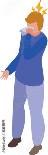 Man suffering from headache and cold symptoms, sneezing and feeling unwell