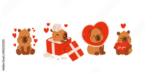 Cute Valentines Day capybara clipart set with heart balloons, romantic letters, capybara in gift box, kawaii animals with hearts, love messages and presents, characters for cards, stickers and print
