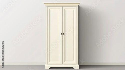 Cream colored wooden wardrobe against a plain white wall with copy space