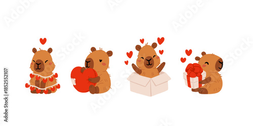 Cute Valentines Day capybara clipart set with heart balloons, romantic letters, capybara in gift box, kawaii animals with hearts, love messages and presents, characters for cards, stickers and print