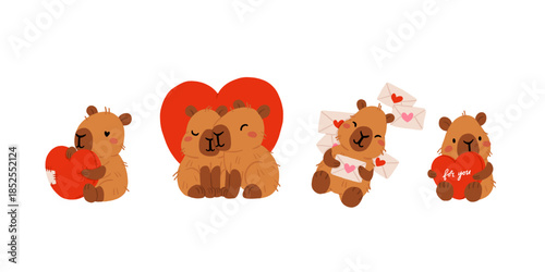 Cute Valentines Day capybara clipart set with heart balloons, romantic letters, capybara in gift box, kawaii animals with hearts, love messages and presents, characters for cards, stickers and print