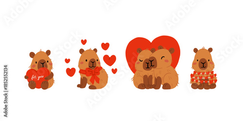 Cute Valentines Day capybara clipart set with heart balloons, romantic letters, capybara in gift box, kawaii animals with hearts, love messages and presents, characters for cards, stickers and print