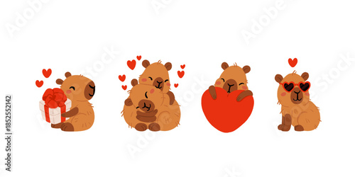 Cute Valentines Day capybara clipart set with heart balloons, romantic letters, capybara in gift box, kawaii animals with hearts, love messages and presents, characters for cards, stickers and print