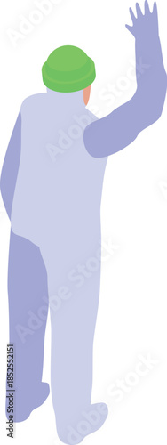 Skydiver waving goodbye before jumping from an airplane, wearing a protective suit and a green hat