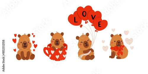 Cute Valentines Day capybara clipart set with heart balloons, romantic letters, capybara in gift box, kawaii animals with hearts, love messages and presents, characters for cards, stickers and print