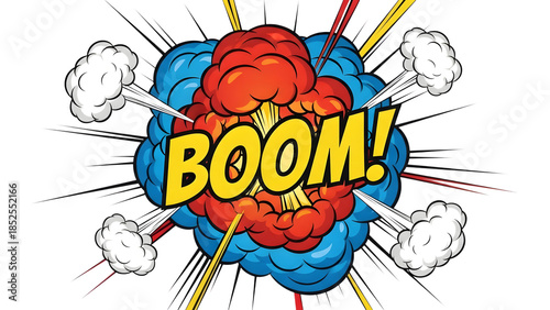 Colorful explosion with boom text isolated on a transparent background comic book style