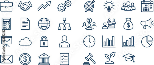 Collection of outline business and finance icons representing strategy growth management finance and career development