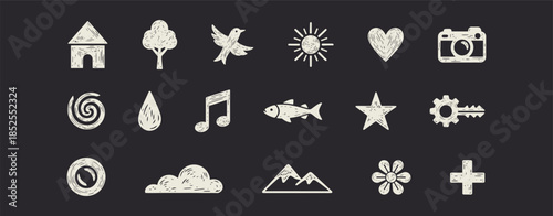 Set of 16 Hand Drawn Doodle Icons: Nature, Home, Music, and Interface Symbols.