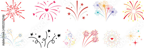 Collection of colorful cartoon fireworks and rockets exploding in the night sky.Festive red fireworks icons set for celebrations and events.colorful fireworks in red and blue isolated on transparent 
