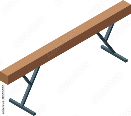 Wooden gymnastic balance beam standing on support structure isolated on white background isometric view