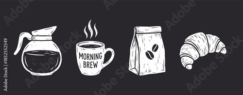 Vintage Chalk Style Coffee and Breakfast Set: Carafe, Mug, Croissant, and Bean Bag.