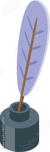 Purple feather quill pen dipped in inkwell isometric icon represents traditional writing tools