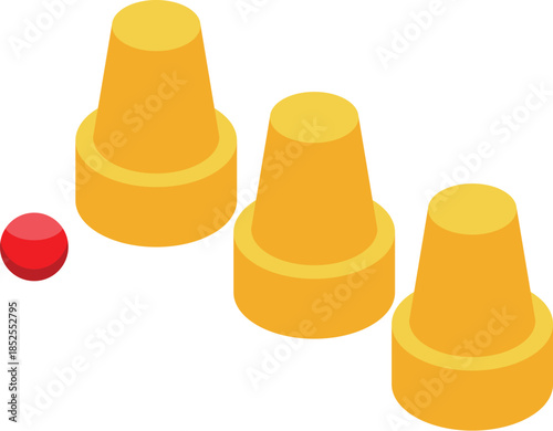 Isometric view of a bowling game with three yellow skittles and a red ball rolling towards them