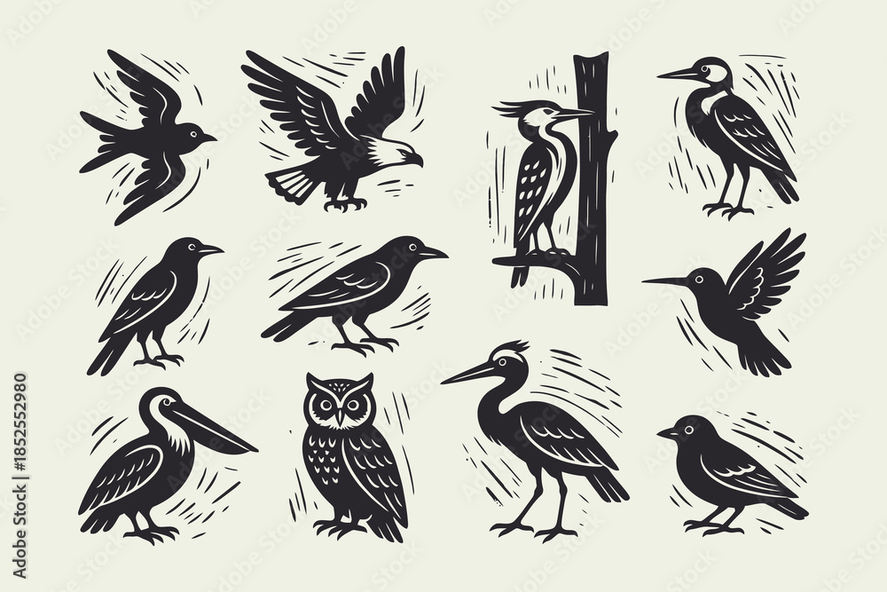 Naklejka premium Vintage Woodcut Birds Set. Collection of Diverse Avian Species Silhouettes in Linocut Style.