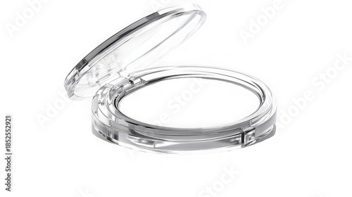 Empty Transparent Plastic Makeup Compact Case with Open Lid Isolated on White Background