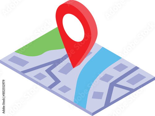 Red geotag marking location on a city map with streets and river, isometric view