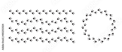 Abstract illustration of duck footprints in linear and circular patterns on a white background vector set