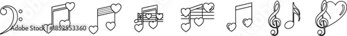 vector Music note combined with heart icon set, simple line art vector in black and white in white background.