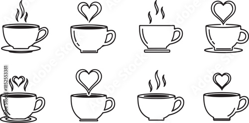 Coffee cup with heart steam icon, clean outline  vector in black and white in white background.