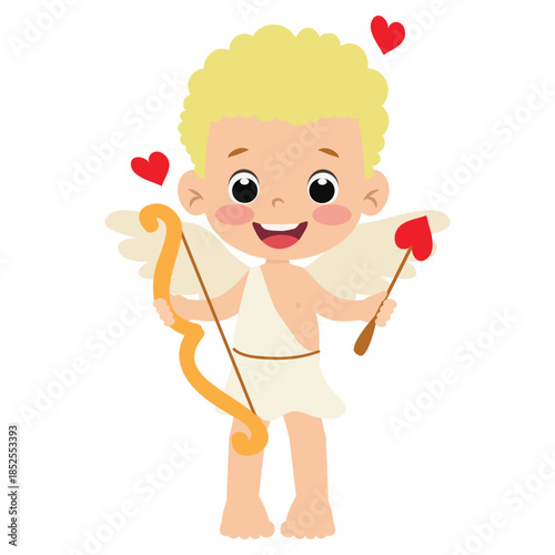 Funny cartoon little cupid boy with bow and arrow vector  illustration