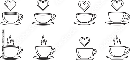 Coffee cup with heart steam icon, clean outline  vector in black and white in white background.
