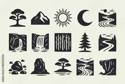 Monochrome Nature Icons Set. Outdoor Landscape Elements, Woodcut Style Silhouettes for Graphic Design.