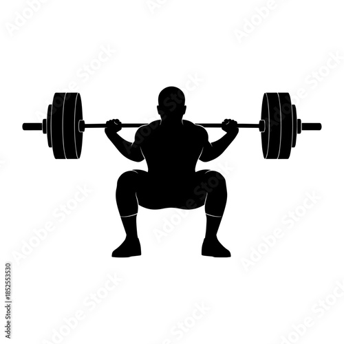 Silhouette of man performing barbell squat exercise.