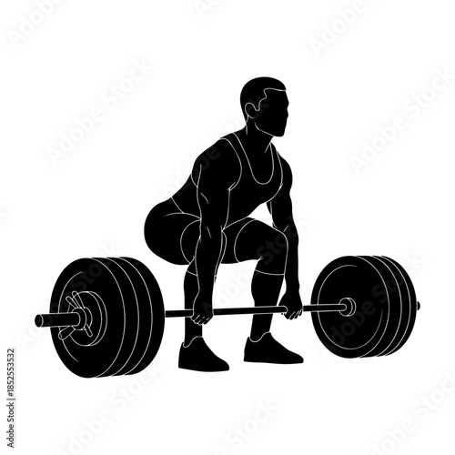 Silhouette of athletic man preparing to lift heavy barbell.