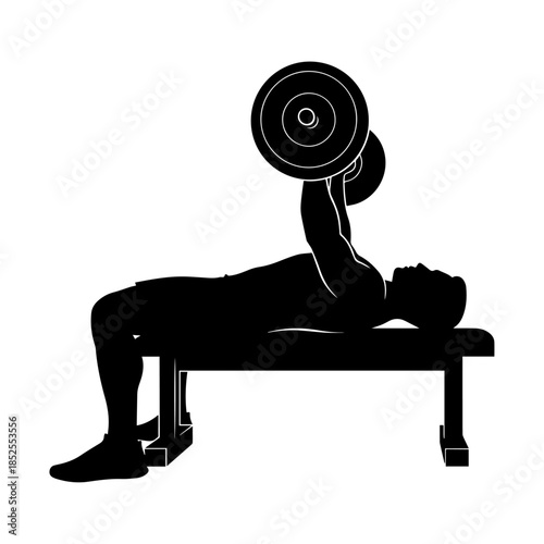 Silhouette of man performing bench press with barbell weights.