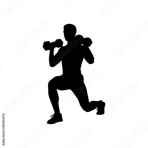 Silhouette of man performing weighted lunge exercise with dumbbells.