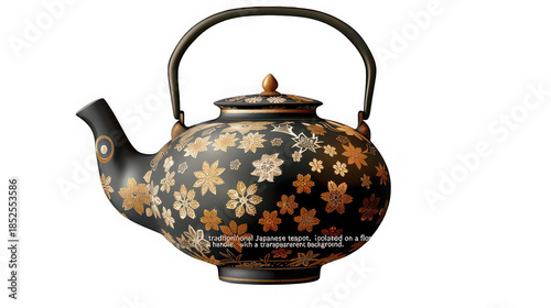 Elegant black and gold decorated Japanese cast iron tetsubin teapot isolated on black background