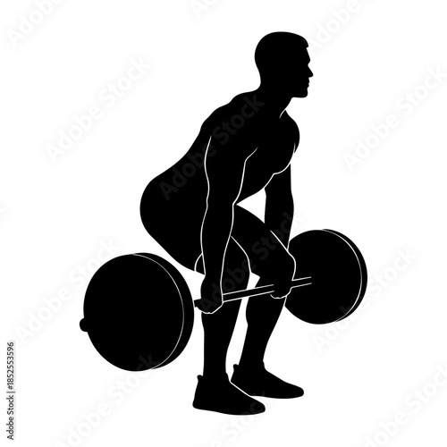 Silhouette of muscular man lifting heavy barbell weight.