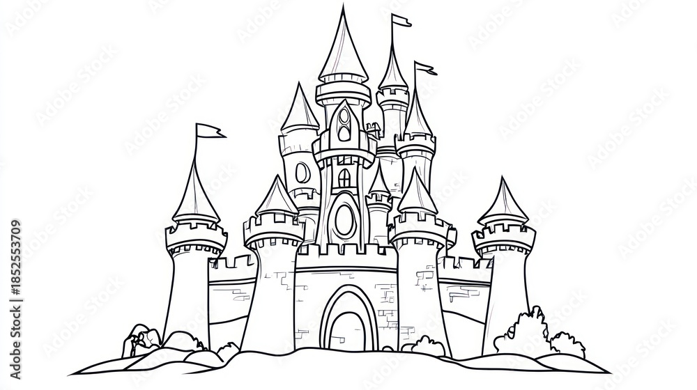 Fototapeta premium Detailed black and white illustration of a fairytale castle with towers