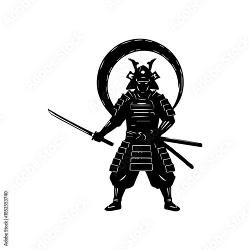 Samurai warrior in traditional armor holding a sword with a crescent moon symbol