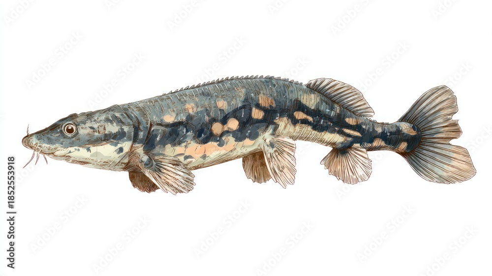 Fototapeta premium Detailed illustration of a fish with spotted pattern and prominent fins