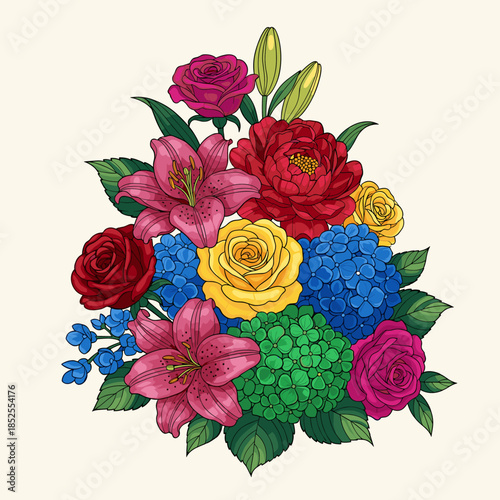Vibrant Colorful Floral Bouquet Illustration. Hand-drawn roses, lilies, and hydrangeas with green leaves. Botanical artwork.