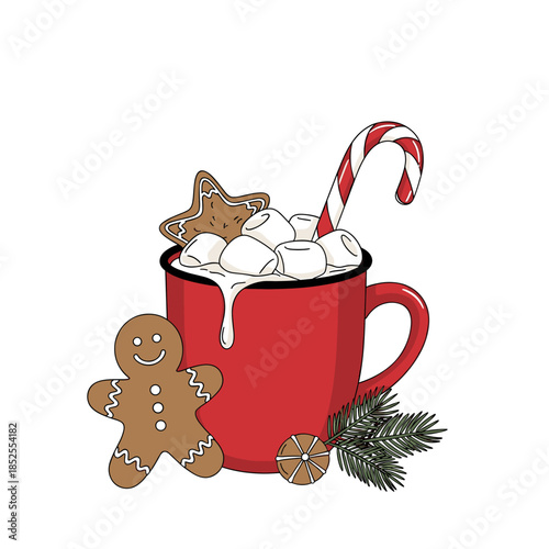 Christmas Hot Chocolate Mug with Gingerbread, Marshmallows & Candy Cane Illustration