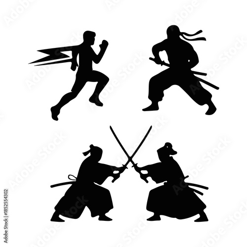 Silhouettes of ninjas and samurai in action poses