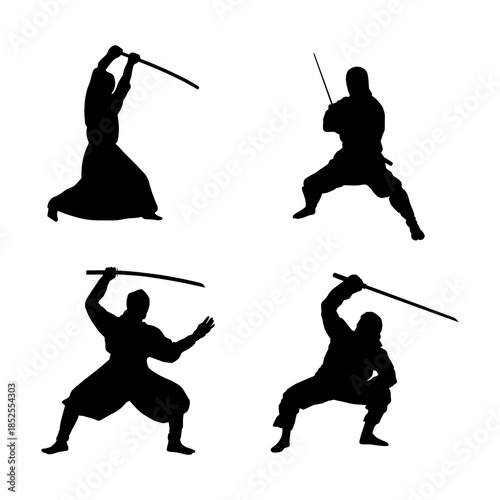 Silhouettes of warriors in dynamic martial arts stances with swords